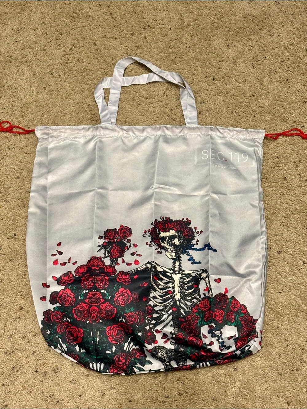 NWOT Silky Silver Grateful Dead Bertha Tote Bag with Red Roses & Skeleton Design